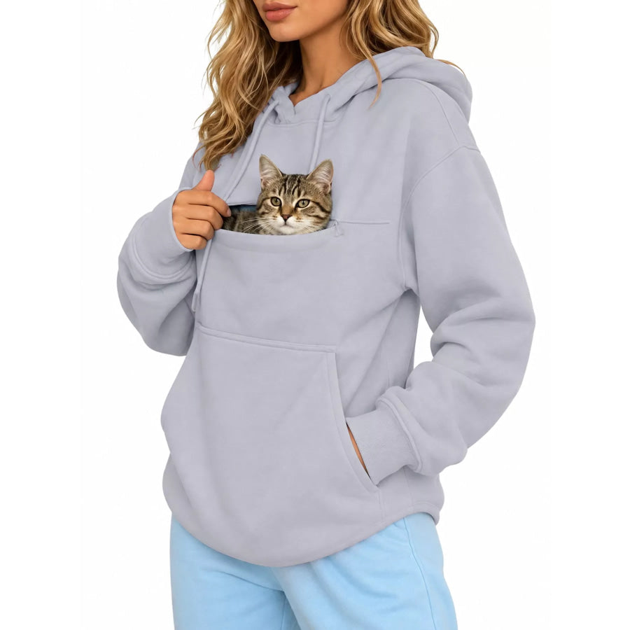 Full Size Cat Pouch Drawstring Hoodie Plus Apparel and Accessories