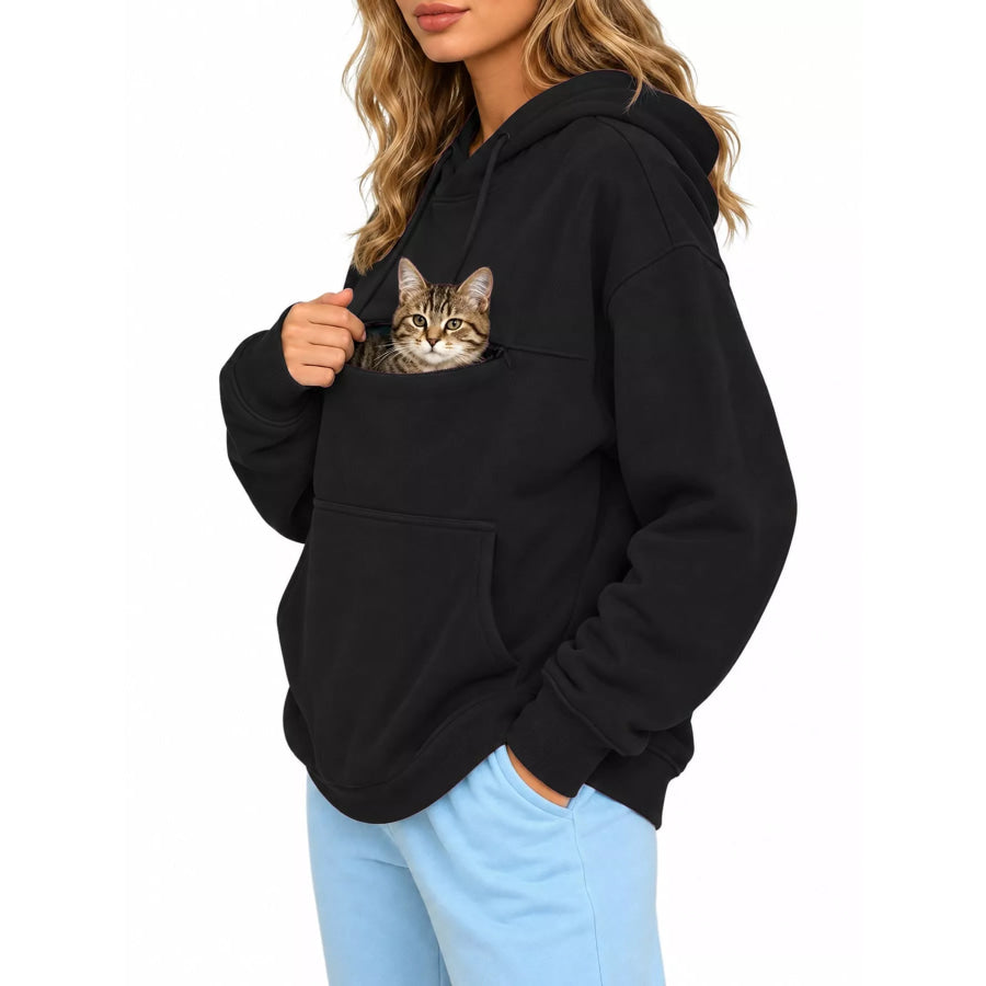 Full Size Cat Pouch Drawstring Hoodie Plus Apparel and Accessories