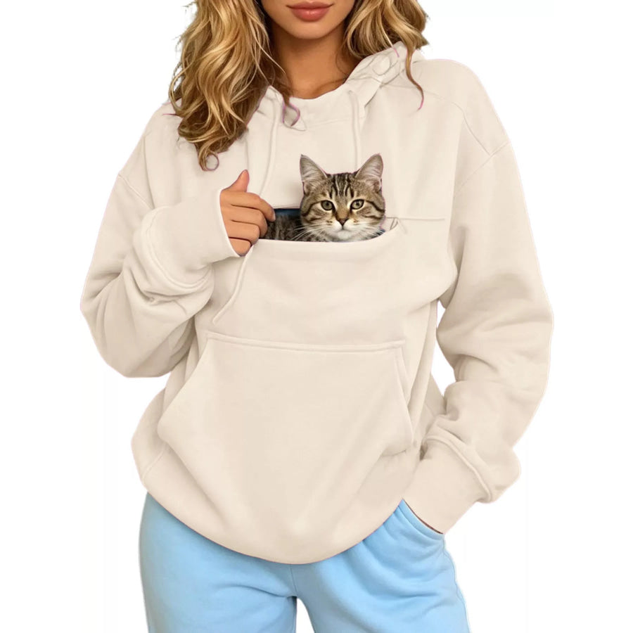Full Size Cat Pouch Drawstring Hoodie Plus Apricot / S Apparel and Accessories