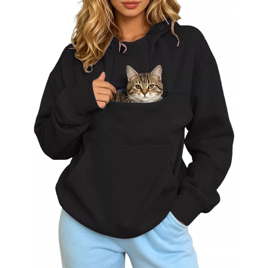Full Size Cat Pouch Drawstring Hoodie Plus Black / S Apparel and Accessories