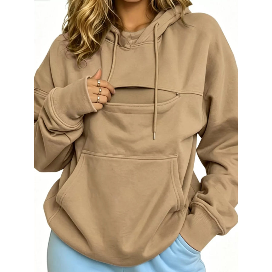 Full Size Cat Pouch Drawstring Hoodie Plus Khaki / S Apparel and Accessories