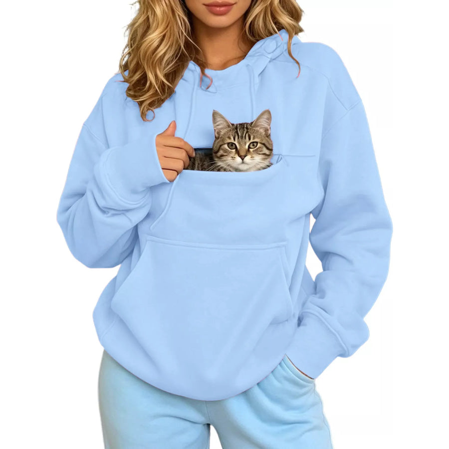 Full Size Cat Pouch Drawstring Hoodie Plus Light Blue / S Apparel and Accessories