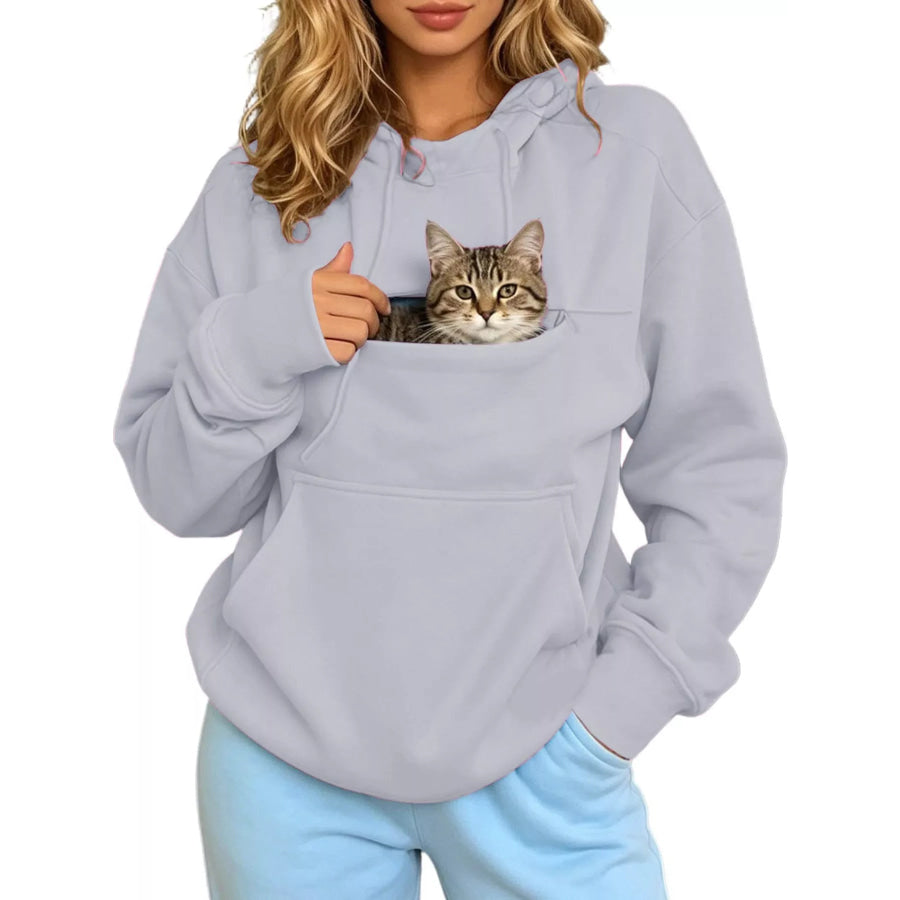 Full Size Cat Pouch Drawstring Hoodie Plus Light Gray / S Apparel and Accessories