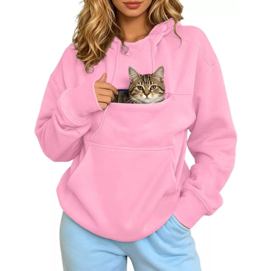 Full Size Cat Pouch Drawstring Hoodie Plus Pink / S Apparel and Accessories
