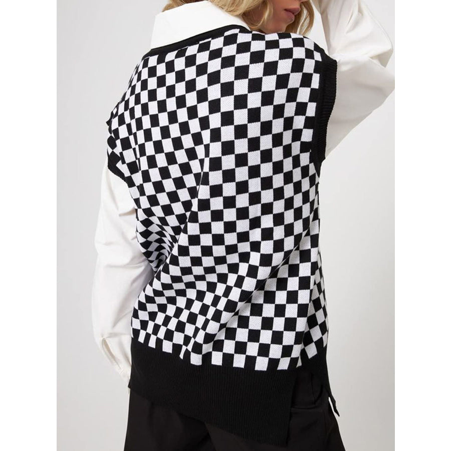 Full Size Checkered V-Neck Cap Sleeve Sweater Apparel and Accessories