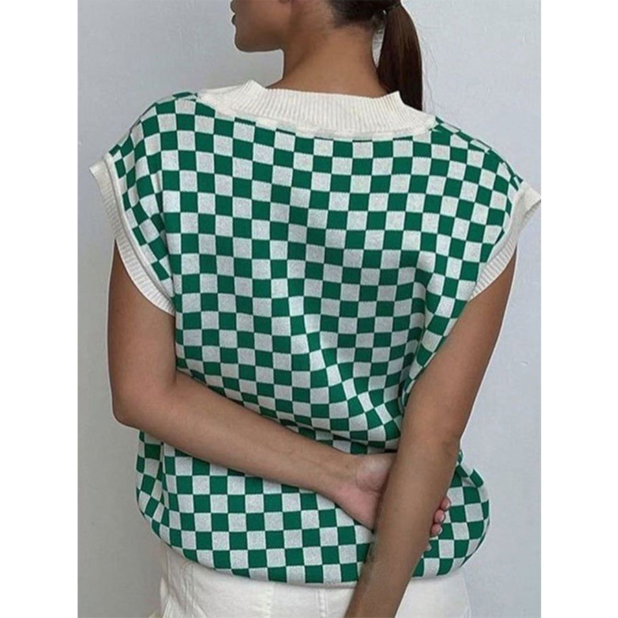 Full Size Checkered V-Neck Cap Sleeve Sweater Apparel and Accessories