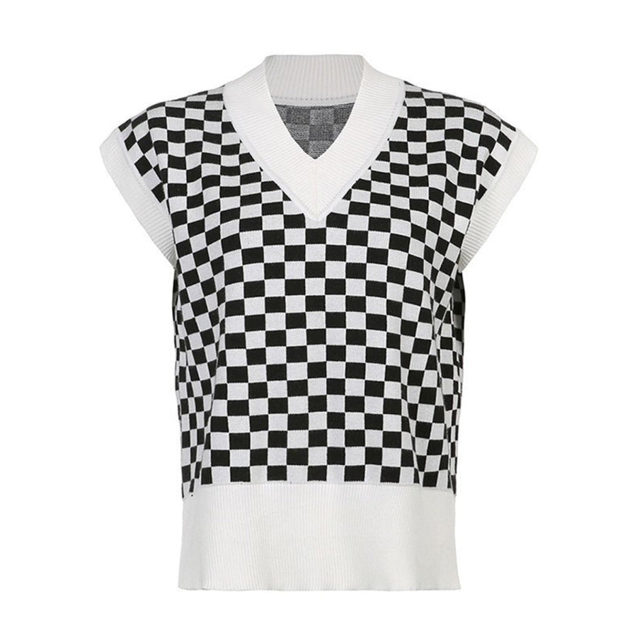 Full Size Checkered V-Neck Cap Sleeve Sweater Apparel and Accessories