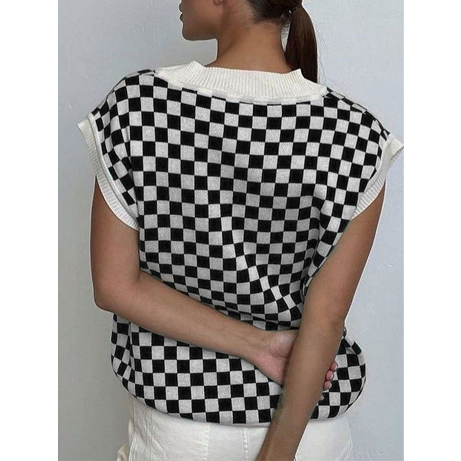 Full Size Checkered V-Neck Cap Sleeve Sweater Apparel and Accessories