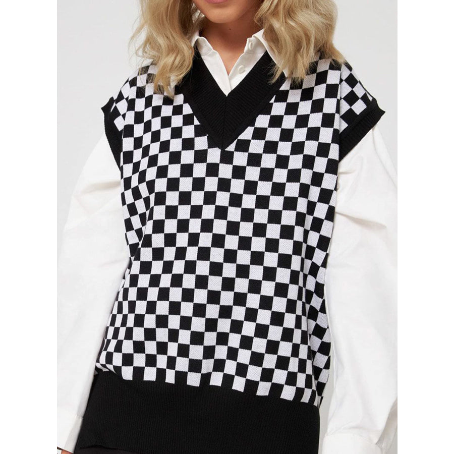 Full Size Checkered V-Neck Cap Sleeve Sweater Black / S Apparel and Accessories