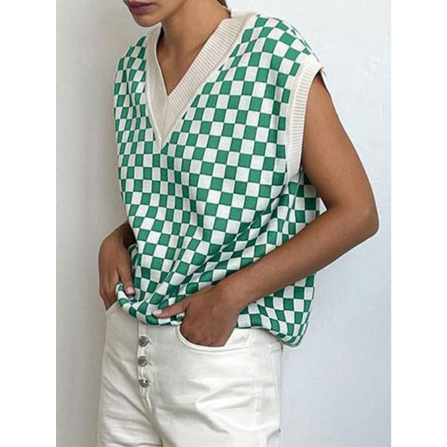 Full Size Checkered V-Neck Cap Sleeve Sweater Green / S Apparel and Accessories