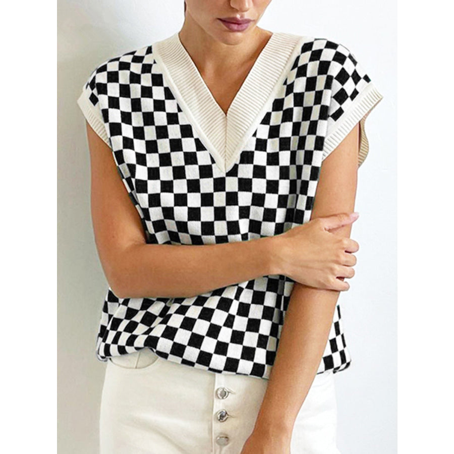 Full Size Checkered V-Neck Cap Sleeve Sweater White / S Apparel and Accessories