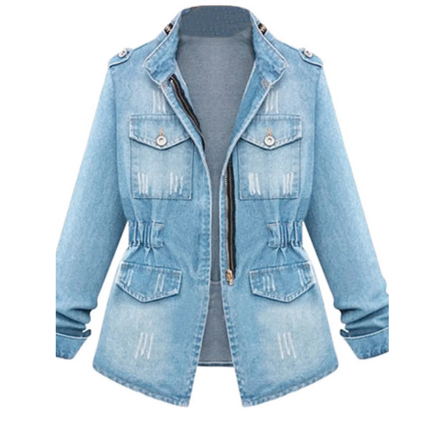 Full Size Chest Pocket Zip Up Denim Jacket Plus Size Apparel and Accessories