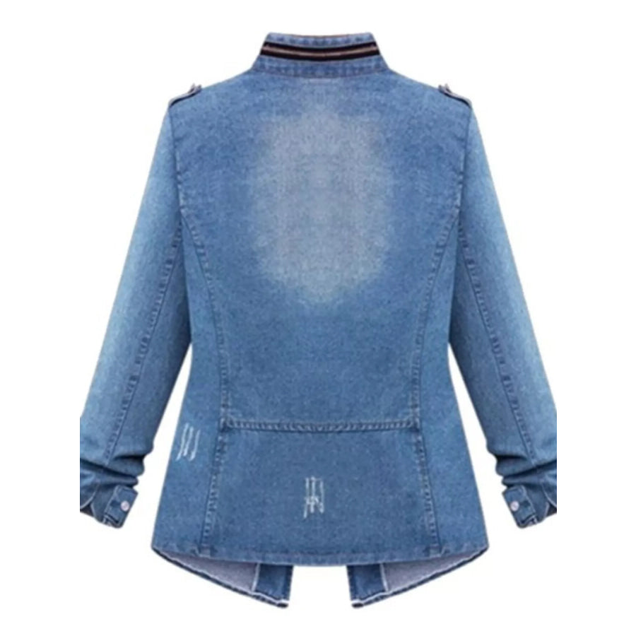 Full Size Chest Pocket Zip Up Denim Jacket Plus Size Apparel and Accessories