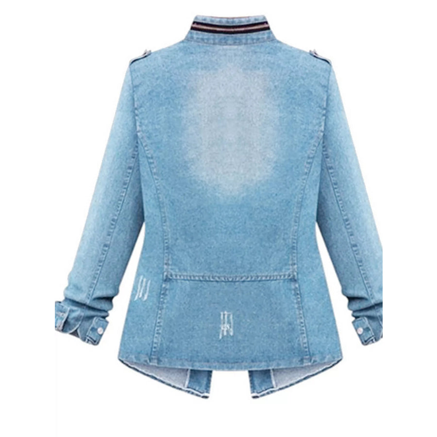 Full Size Chest Pocket Zip Up Denim Jacket Plus Size Apparel and Accessories