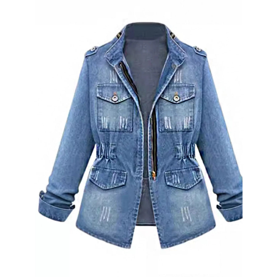 Full Size Chest Pocket Zip Up Denim Jacket Plus Size Blue / S Apparel and Accessories