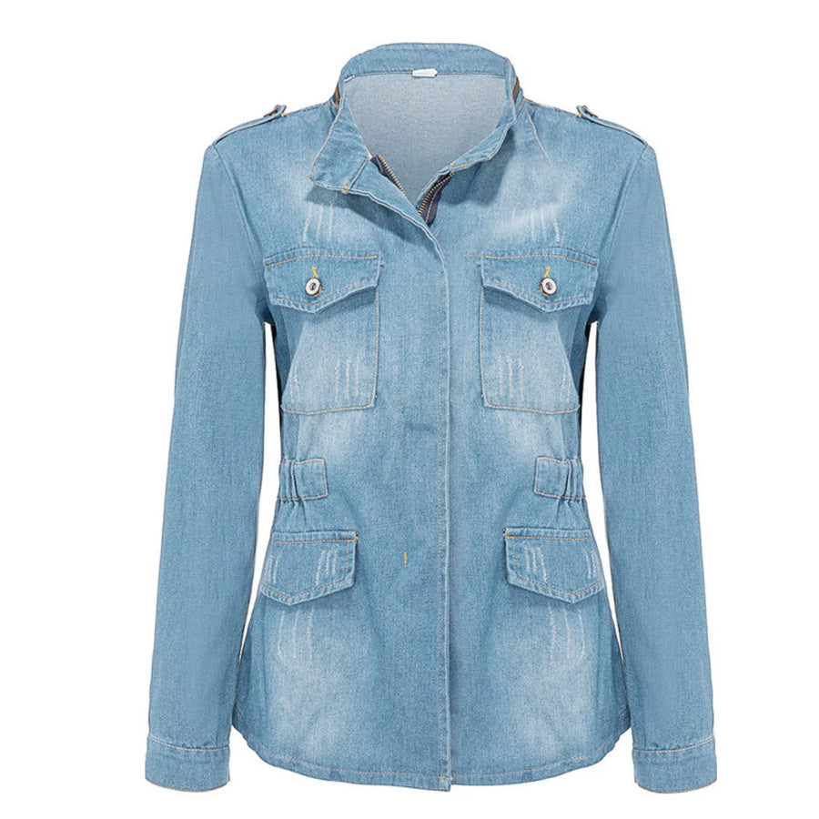 Full Size Chest Pocket Zip Up Denim Jacket Plus Size Light Blue / S Apparel and Accessories