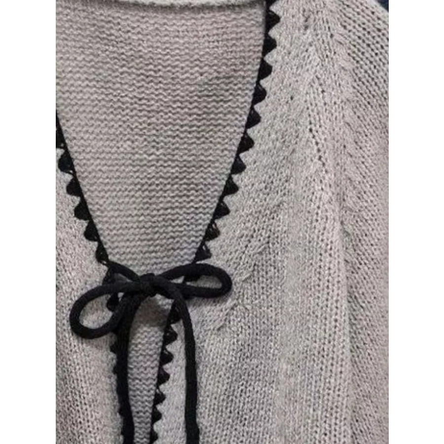 Full Size Chic Tie-Front Contrast-Trim Cardigan Plus Size Apparel and Accessories