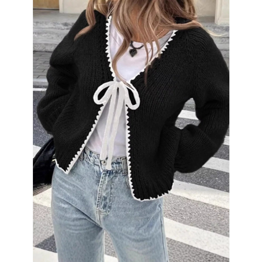 Full Size Chic Tie-Front Contrast-Trim Cardigan Plus Size Black / S Apparel and Accessories