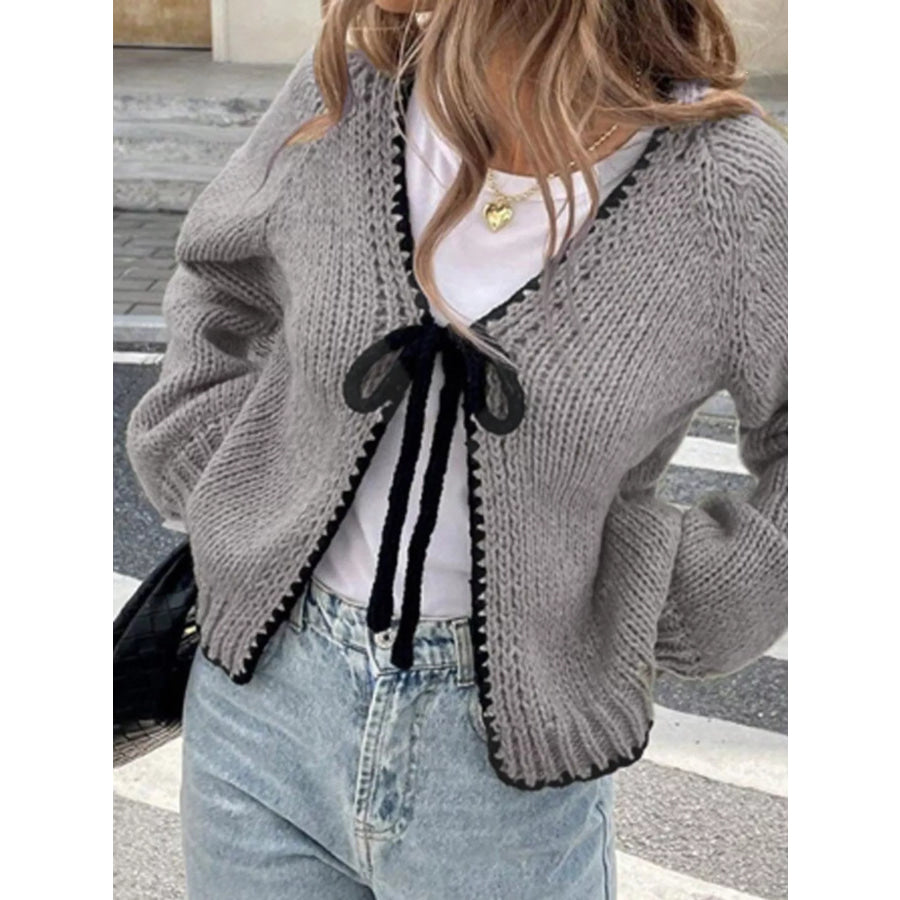 Full Size Chic Tie-Front Contrast-Trim Cardigan Plus Size Gray / S Apparel and Accessories