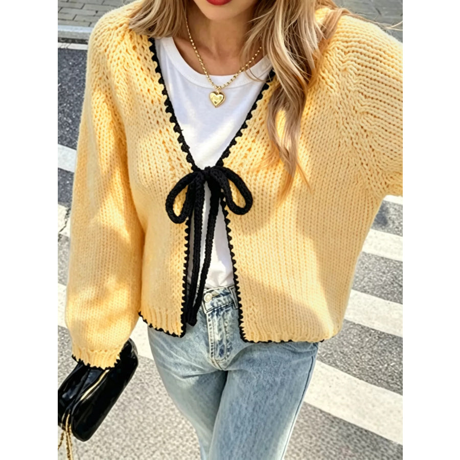 Full Size Chic Tie-Front Contrast-Trim Cardigan Plus Size Yellow / S Apparel and Accessories
