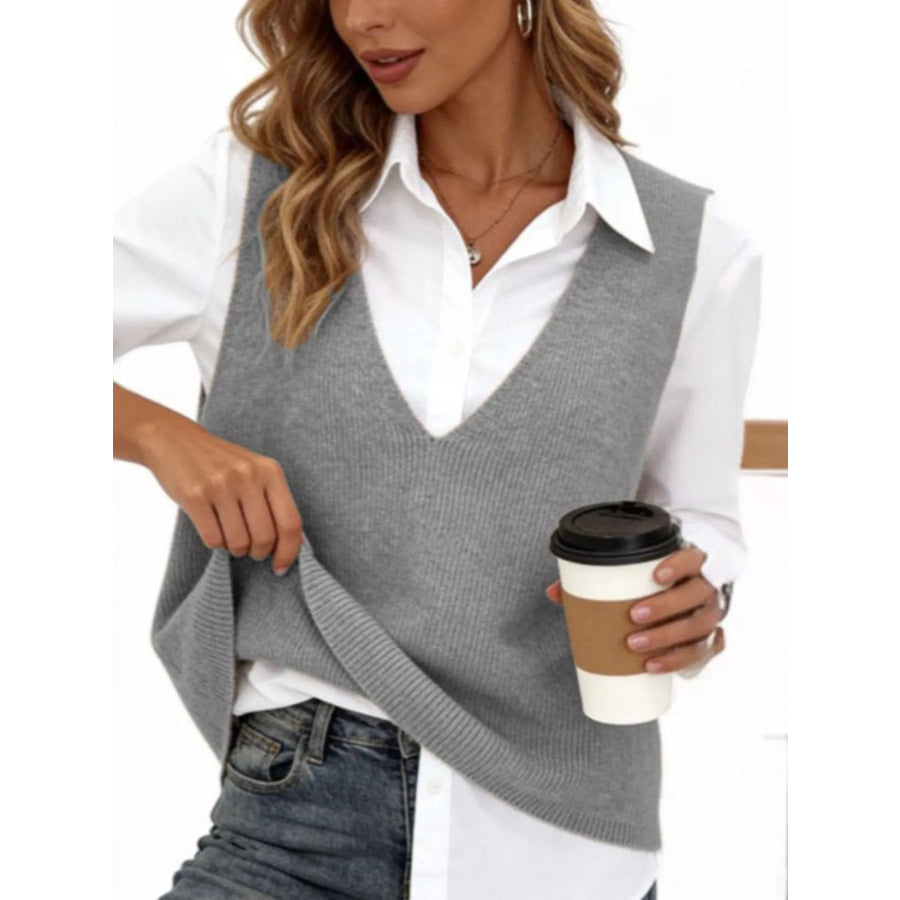 Full Size Chic V-Neck Sleeveless Knit Sweater Vest Plus Apparel and Accessories