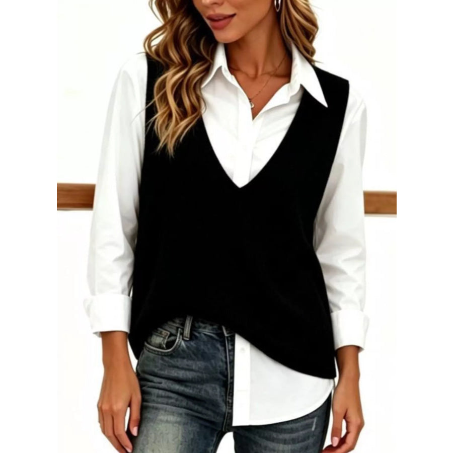 Full Size Chic V-Neck Sleeveless Knit Sweater Vest Plus Apparel and Accessories
