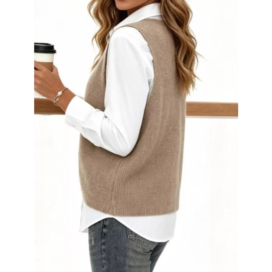 Full Size Chic V-Neck Sleeveless Knit Sweater Vest Plus Apparel and Accessories