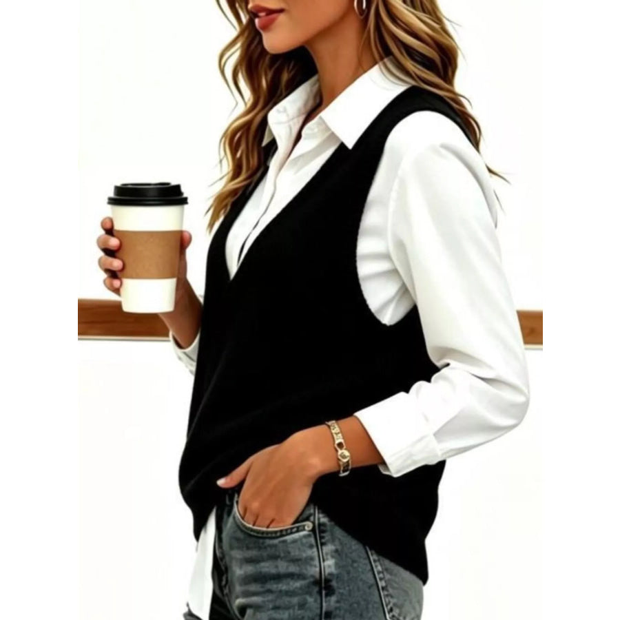 Full Size Chic V-Neck Sleeveless Knit Sweater Vest Plus Apparel and Accessories