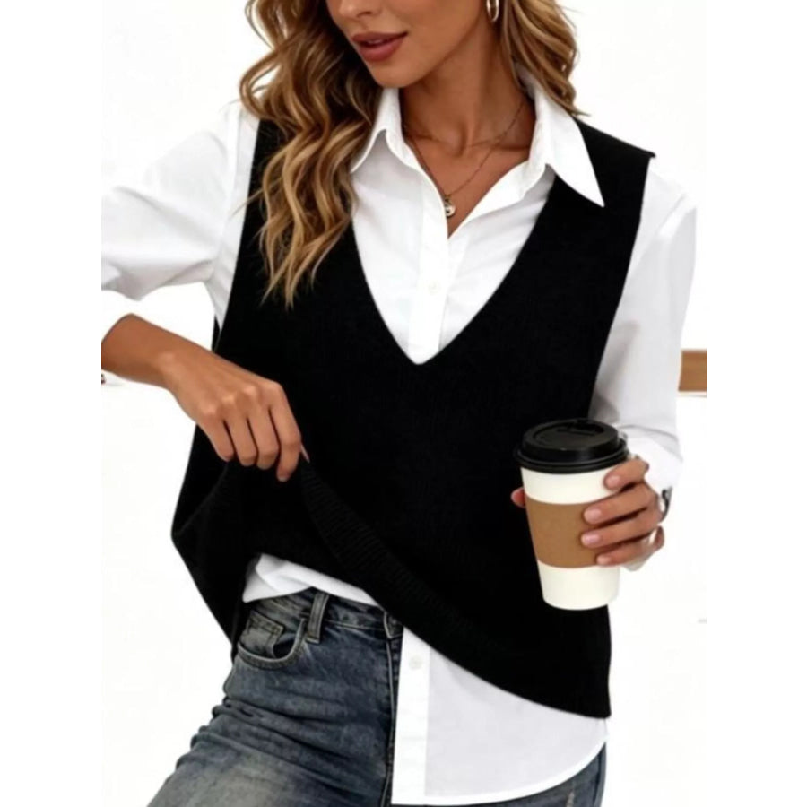 Full Size Chic V-Neck Sleeveless Knit Sweater Vest Plus Black / S Apparel and Accessories