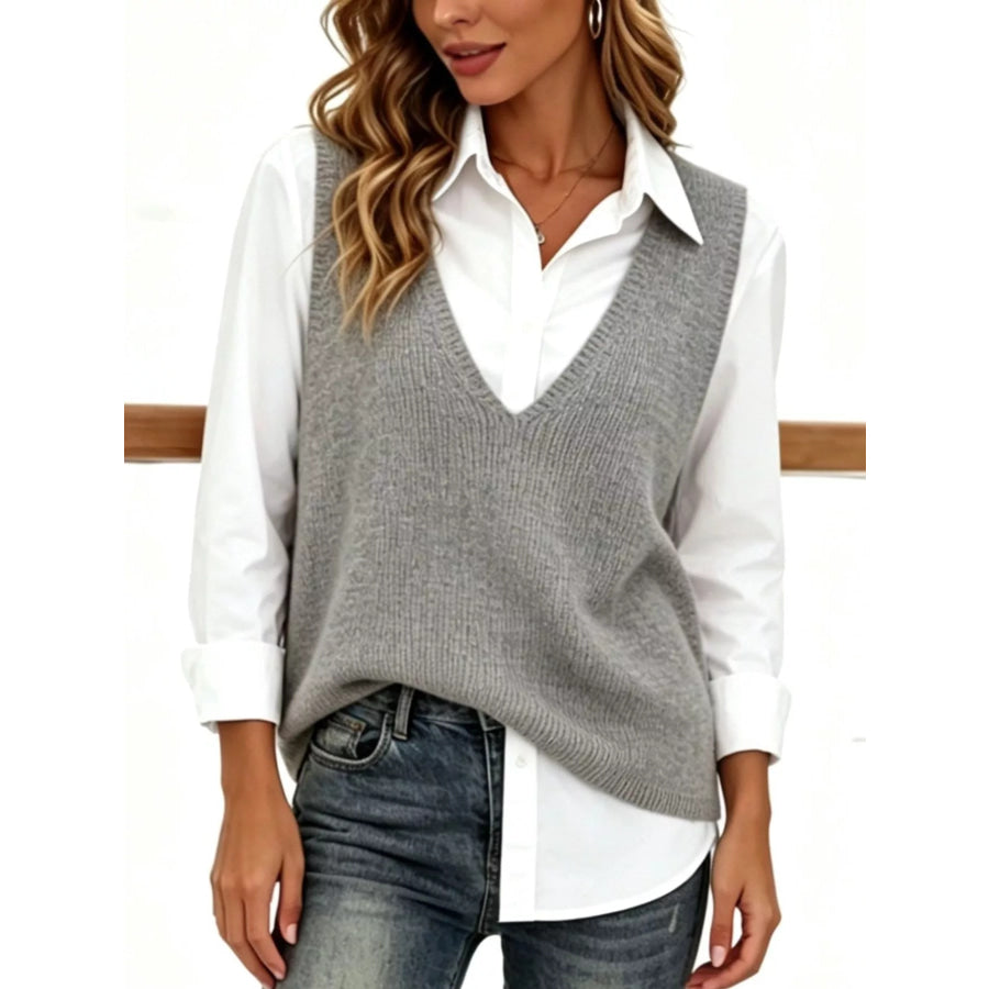 Full Size Chic V-Neck Sleeveless Knit Sweater Vest Plus Gray / S Apparel and Accessories