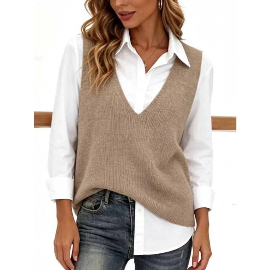 Full Size Chic V-Neck Sleeveless Knit Sweater Vest Plus Khaki / S Apparel and Accessories