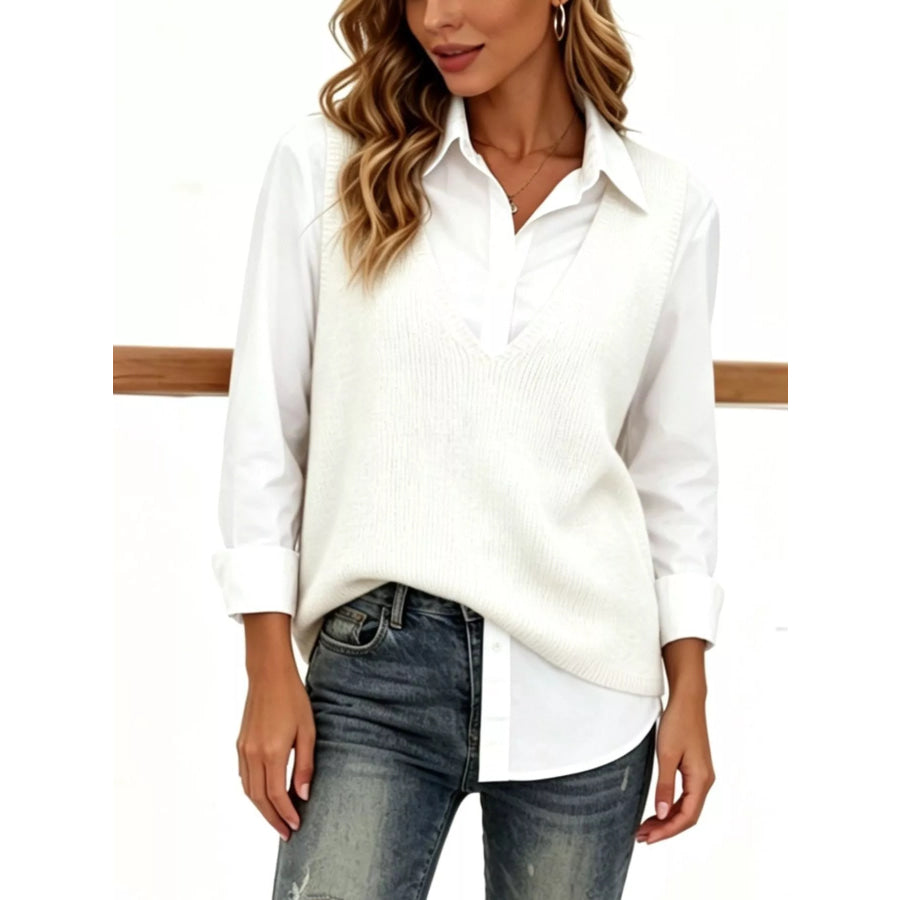 Full Size Chic V-Neck Sleeveless Knit Sweater Vest Plus White / S Apparel and Accessories