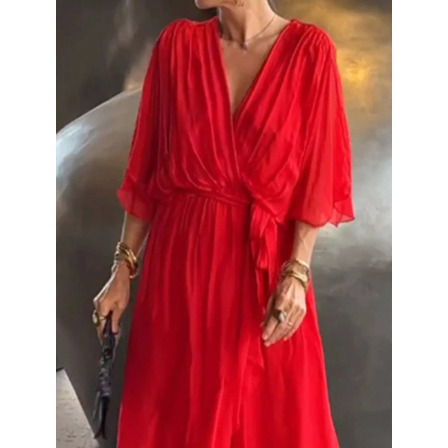 Full Size Chiffon Wrap Dress with Flutter Sleeves Plus Apparel and Accessories