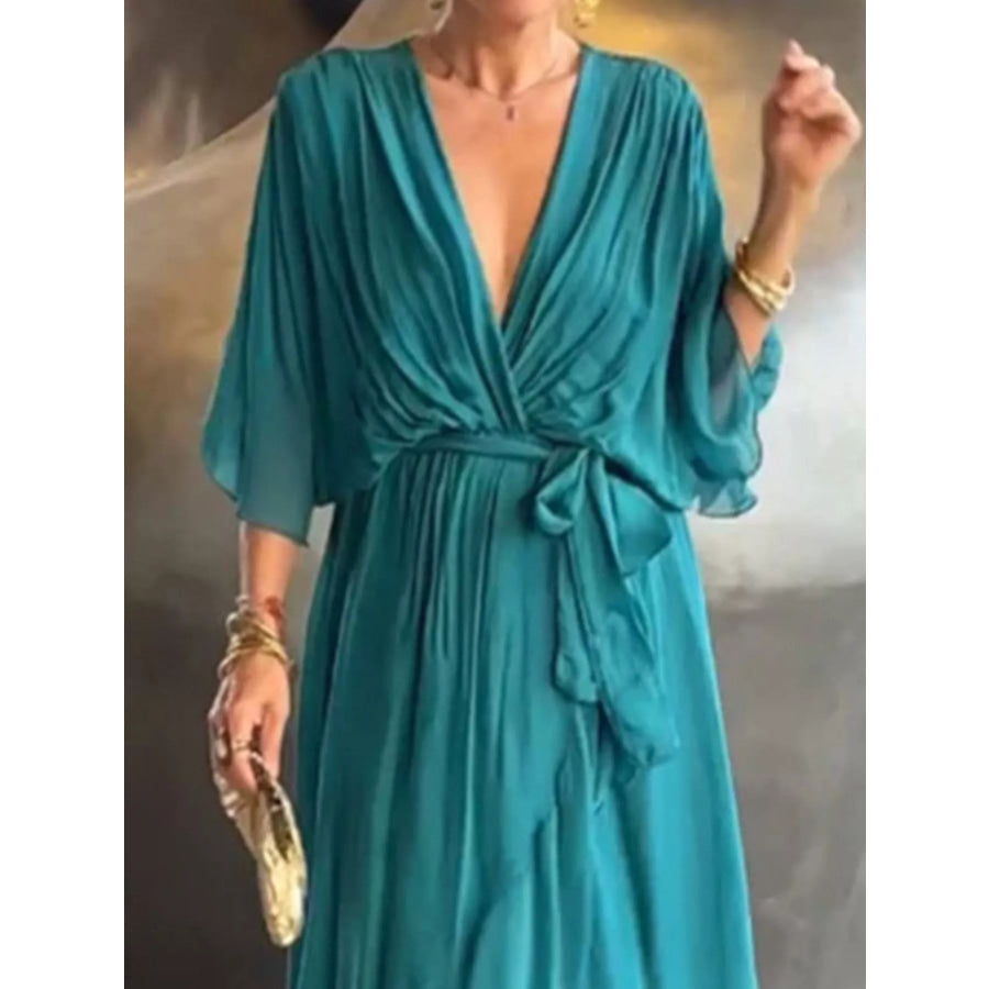 Full Size Chiffon Wrap Dress with Flutter Sleeves Plus Apparel and Accessories