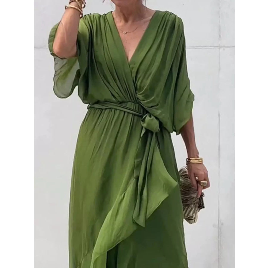 Full Size Chiffon Wrap Dress with Flutter Sleeves Plus Apparel and Accessories