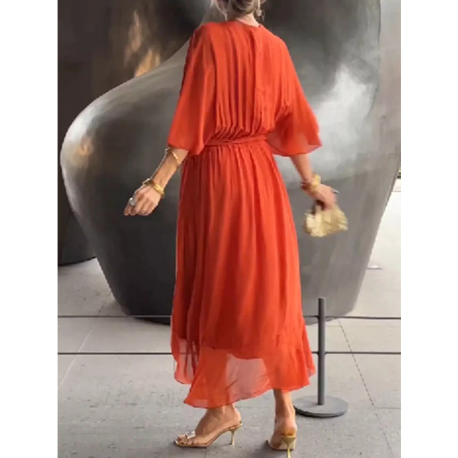 Full Size Chiffon Wrap Dress with Flutter Sleeves Plus Apparel and Accessories
