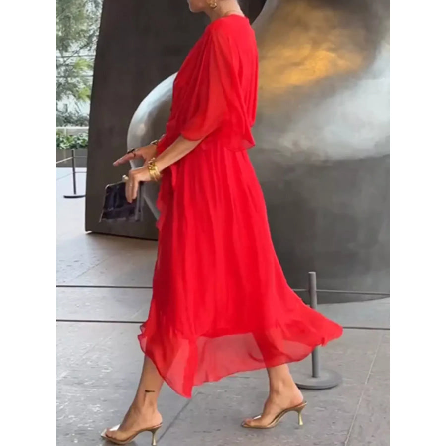 Full Size Chiffon Wrap Dress with Flutter Sleeves Plus Apparel and Accessories