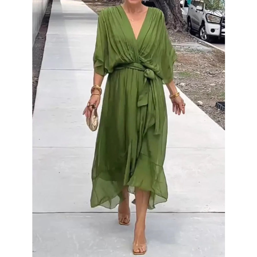 Full Size Chiffon Wrap Dress with Flutter Sleeves Plus Apparel and Accessories