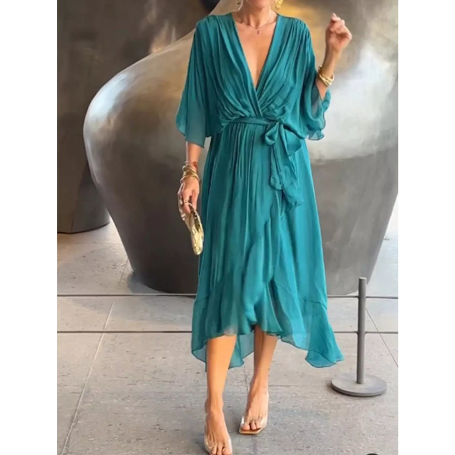 Full Size Chiffon Wrap Dress with Flutter Sleeves Plus Apparel and Accessories