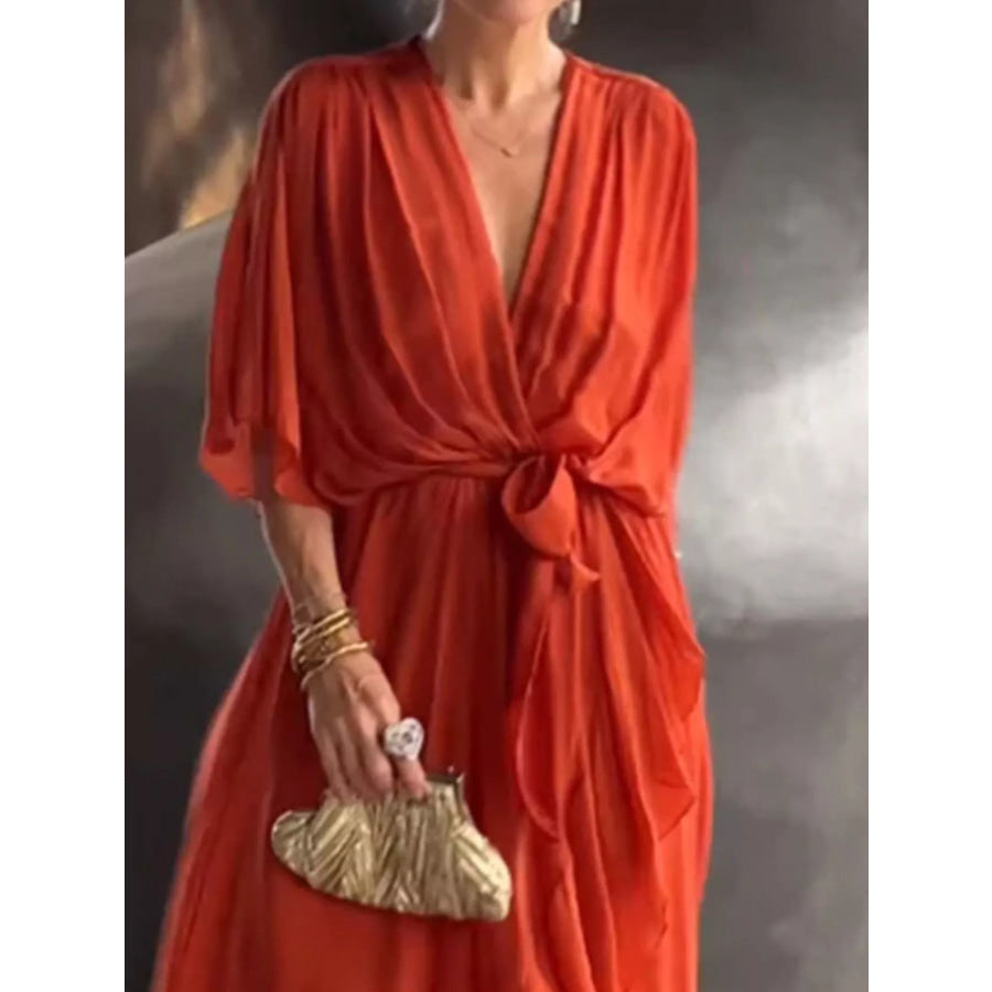 Full Size Chiffon Wrap Dress with Flutter Sleeves Plus Apparel and Accessories