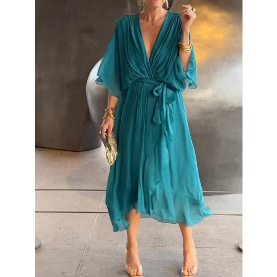Full Size Chiffon Wrap Dress with Flutter Sleeves Plus French Blue / S Apparel and Accessories