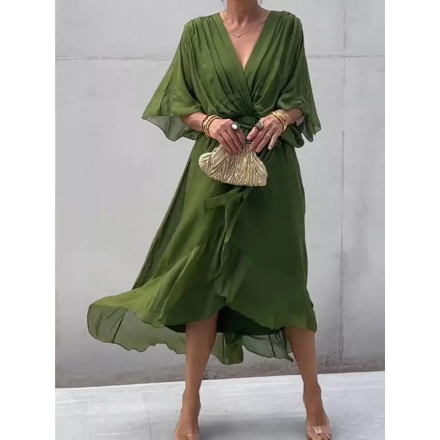 Full Size Chiffon Wrap Dress with Flutter Sleeves Plus Moss / S Apparel and Accessories