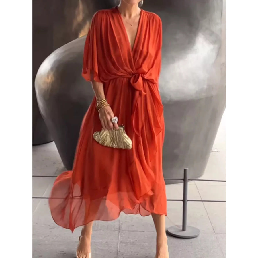 Full Size Chiffon Wrap Dress with Flutter Sleeves Plus Orange-Red / S Apparel and Accessories