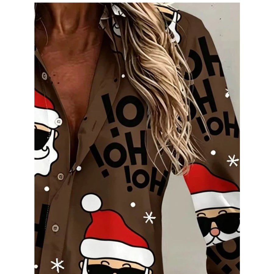 Full Size Christmas Santa Claus Print Button-Down Shirt Plus Apparel and Accessories