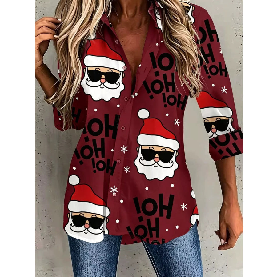 Full Size Christmas Santa Claus Print Button-Down Shirt Plus Apparel and Accessories
