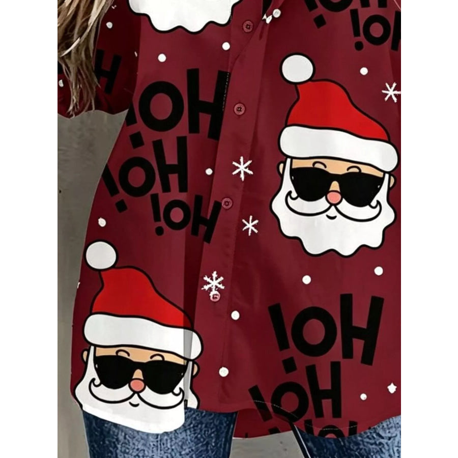 Full Size Christmas Santa Claus Print Button-Down Shirt Plus Burgundy / S Apparel and Accessories