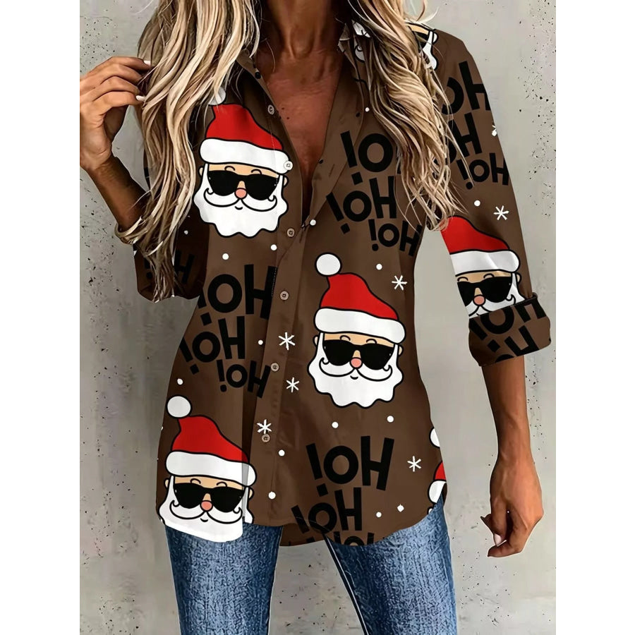 Full Size Christmas Santa Claus Print Button-Down Shirt Plus Chocolate / S Apparel and Accessories