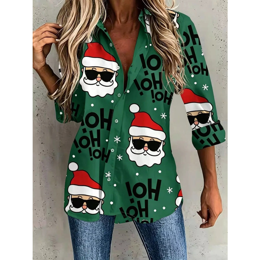 Full Size Christmas Santa Claus Print Button-Down Shirt Plus Dark Green / S Apparel and Accessories
