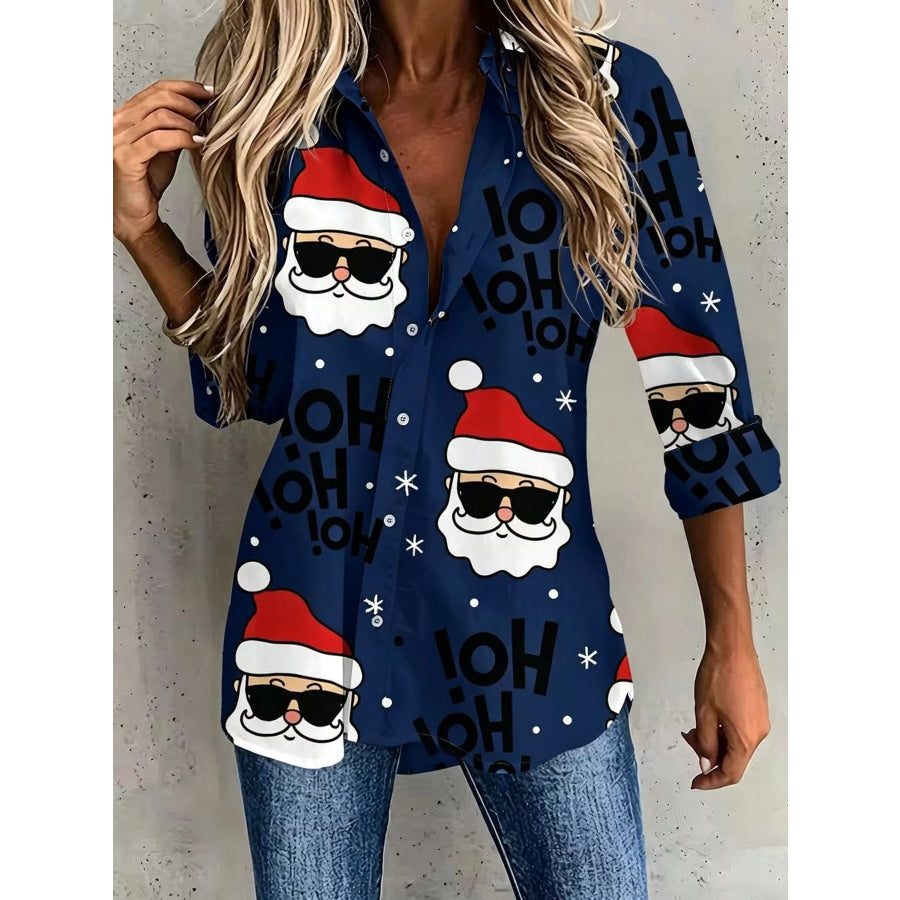 Full Size Christmas Santa Claus Print Button-Down Shirt Plus Dark Navy / S Apparel and Accessories