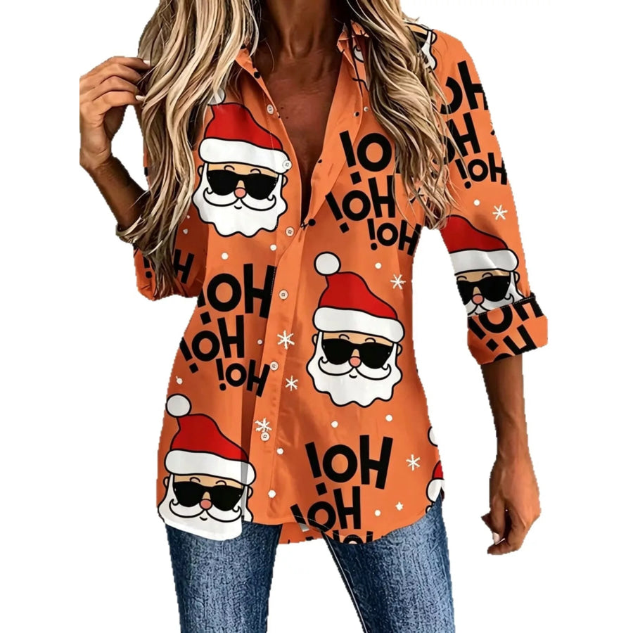 Full Size Christmas Santa Claus Print Button-Down Shirt Plus Tangerine / S Apparel and Accessories